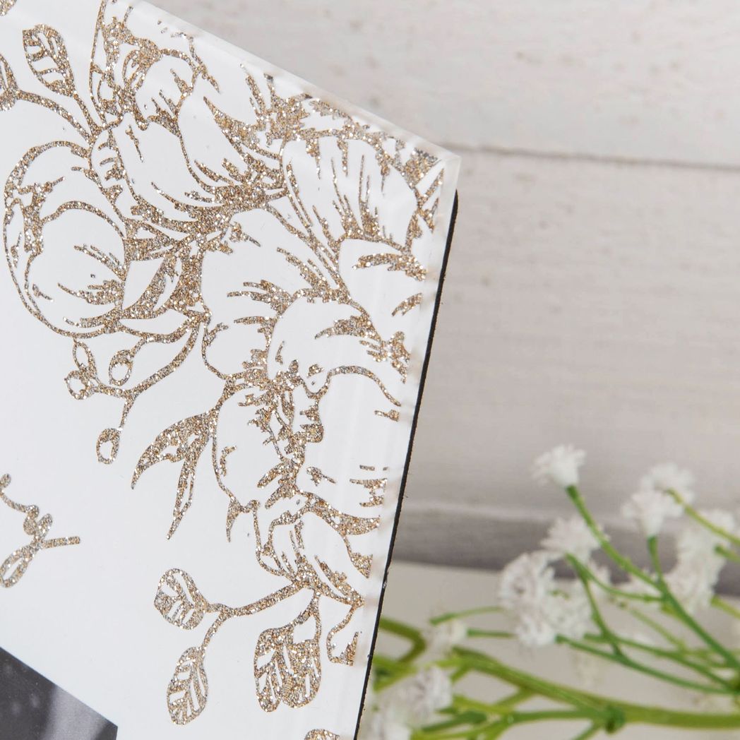 Happy Anniversary White Glass Gold Floral Frame 6" x 4"