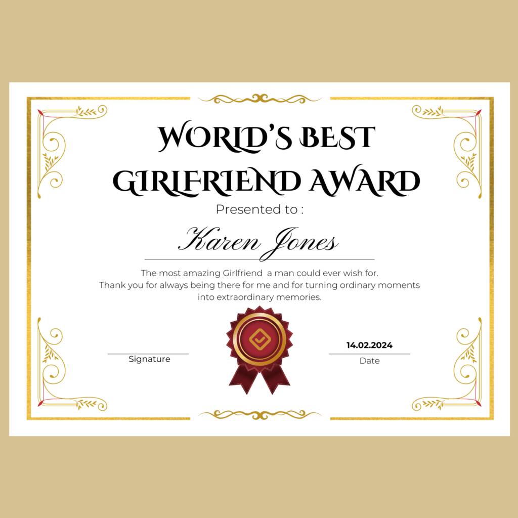 Girlfriend Gifts Best Girlfriend Award Certificate