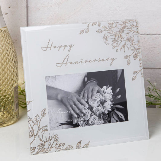 Happy Anniversary White Glass Gold Photo Frame 6" x 4"