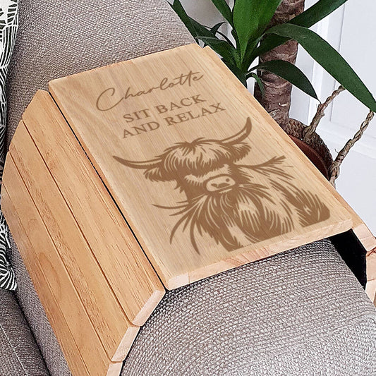 Personalised Highland Cow Wooden Sofa Tray Gift