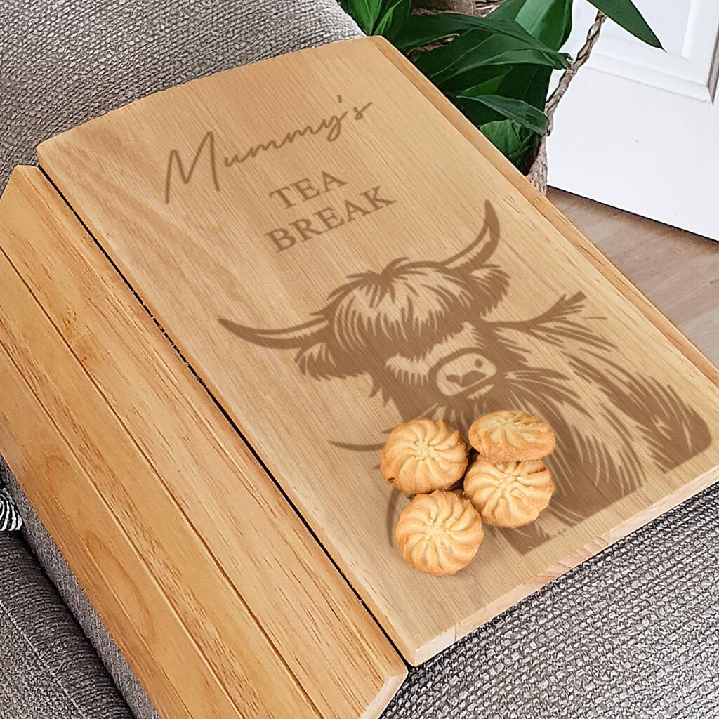 Personalised Highland Cow Wooden Sofa Tray Gift