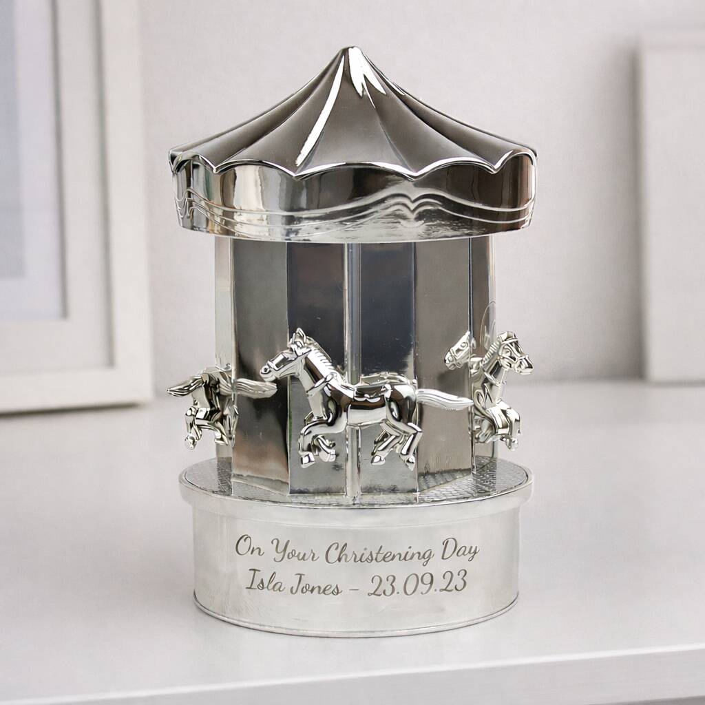 Personalised Money Box Silver Carousel Christening Gift For Children