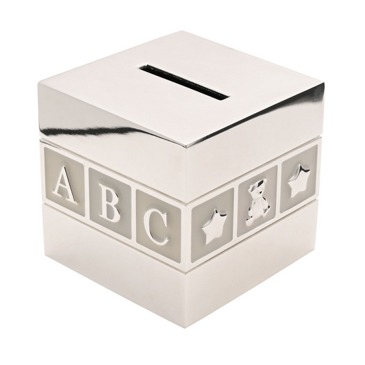 Gift For Baby & Child Silver Plated ABC/123 Cube Money Box