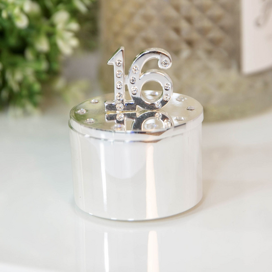 16th Birthday Gift For Her Silver Plated Trinket Box With Crystal