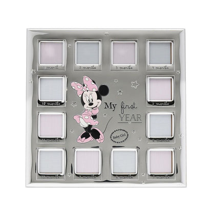 Disney Minnie Mouse 12 Month Multi Aperture Real 999 Silver Plate Frame With White Wooden Back