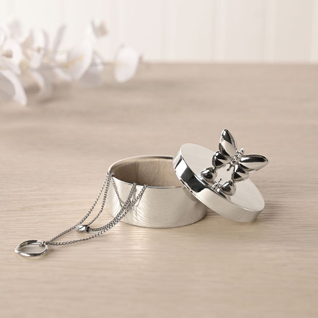 Silver Plated Butterfly Round Trinket Box