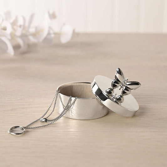 Silver Plated Butterfly Round Trinket Box