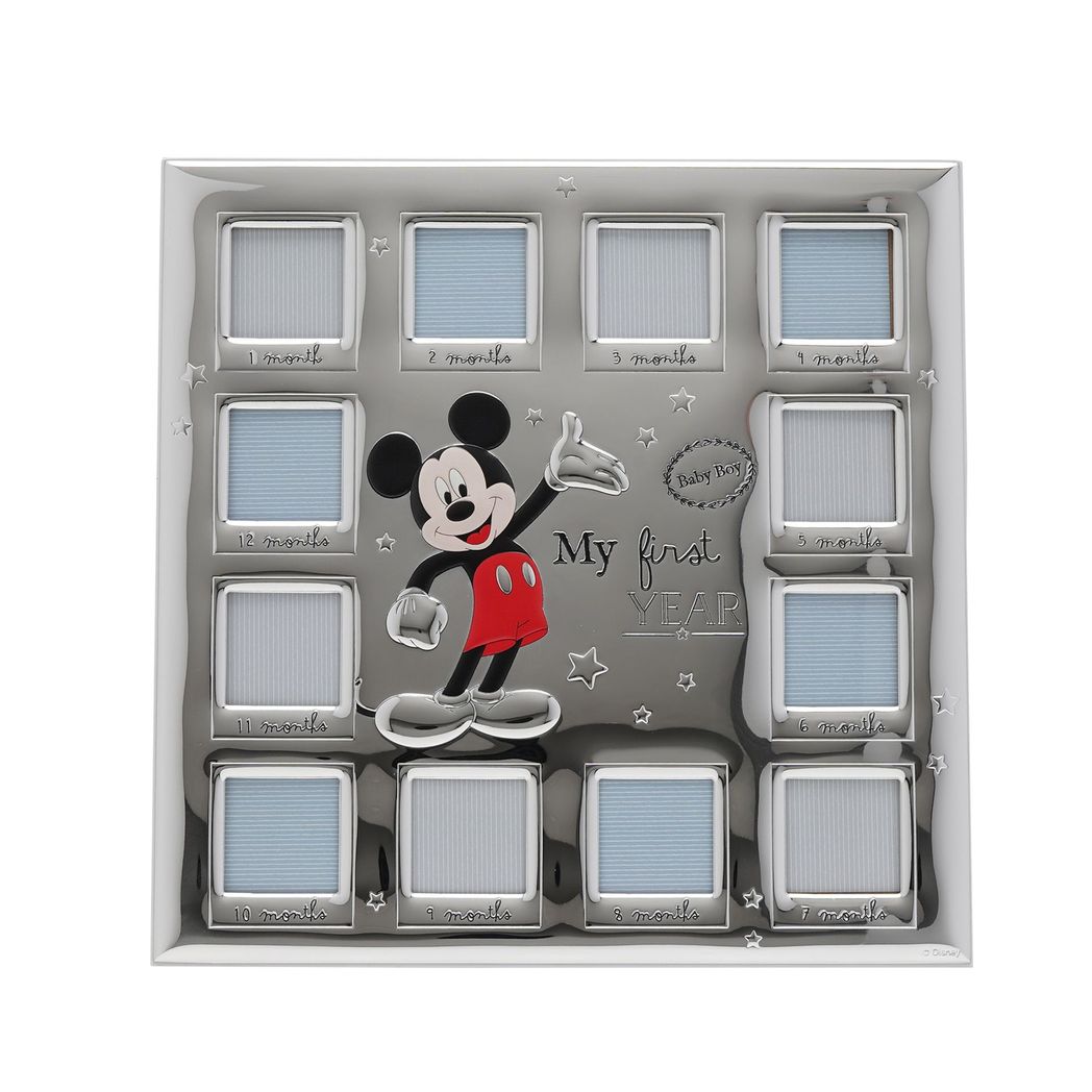 Disney Mickey Mouse 12 Month Multi Aperture Real 999 Silver Plate Frame With White Wooden Back