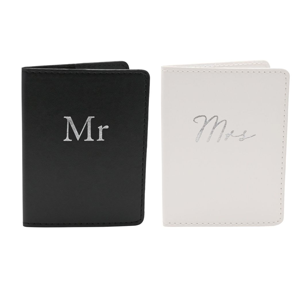 Wedding Gifts - Set of 2 Passport Holders Black & White - 'Mr & Mrs'