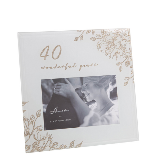 40th Anniversary Gift - Photo Frame Glass Gold Floral 6" x 4"