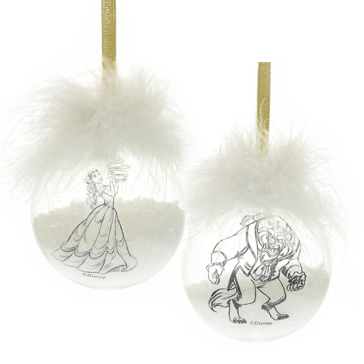 Disney Set of 2 Belle & Beast FeatherChristmas  Baubles