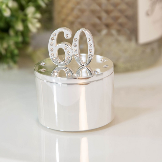 60th Birthday Gift For Her Silver Plated Trinket Box With Crystal