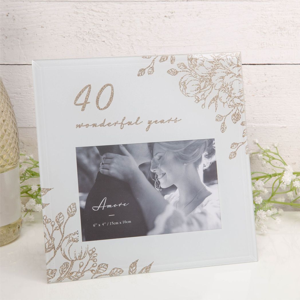 40 Wonderful Years Pale Grey Glass Gold Floral Frame 6" x 4"