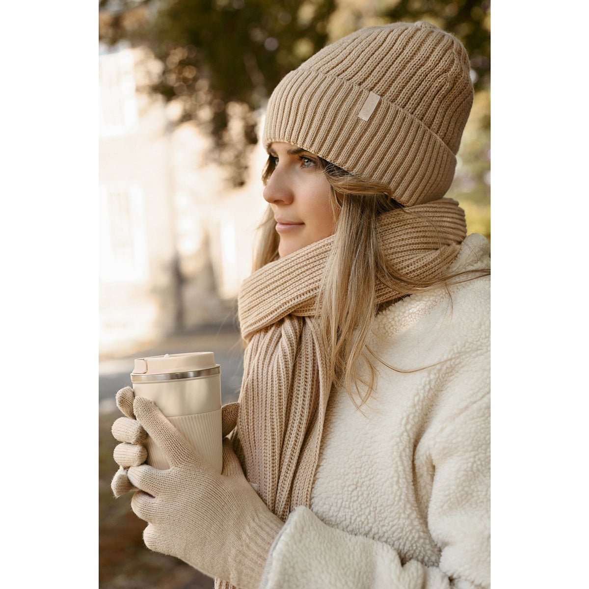 Cosy Knit Hat Glove & Scarf Gift Set - Nude