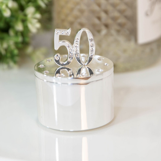 50th Birthday Gift For Her Silver Plated Trinket Box With Crystal