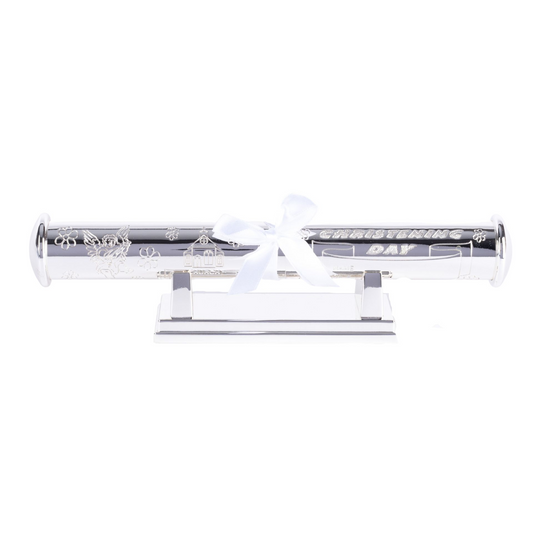 Silver Plated Christening Certificate Holder Tube With Stand