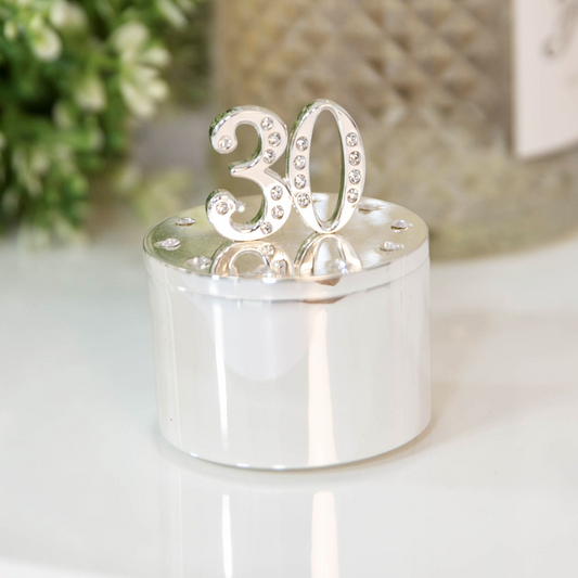 30th Birthday Gift For Her Silver Plated Trinket Box With Crystal