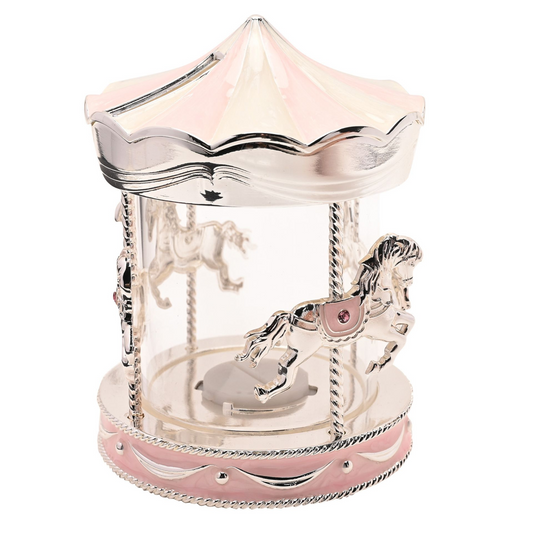 Baby Girl Gift Silver Plated Money Box Carousel - pink