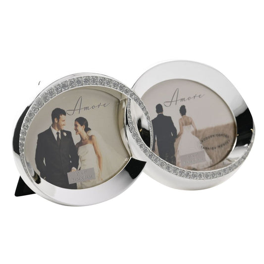 Wedding Anniversary Gift - Silver Plated  Photo Frame with Crystal Double Rings 3" x 2"