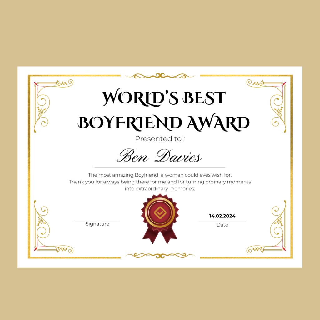 Boyfriend Gifts Best Boyfriend Award Certificate
