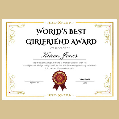 Girlfriend Gifts Best Girlfriend Award Certificate