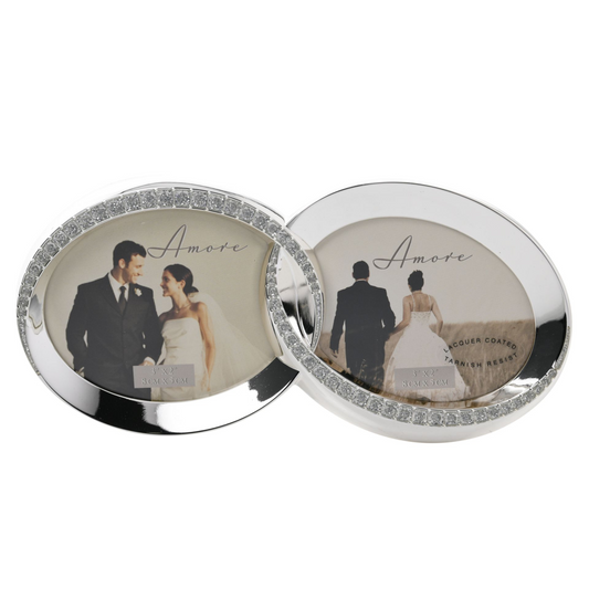 Wedding Anniversary Gift - Silver Plated  Photo Frame with Crystal Double Rings 3" x 2"