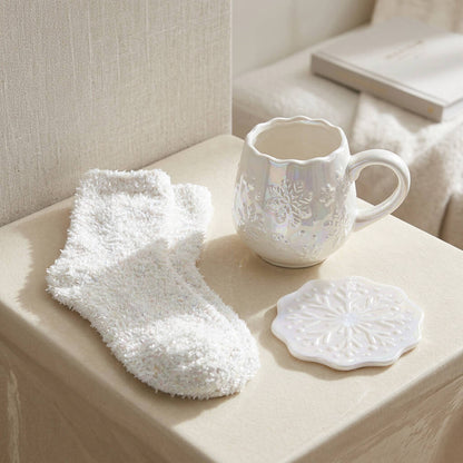 Christmas Gift Set Cosy Fluffy Socks, Snowflake Mug And Coaster