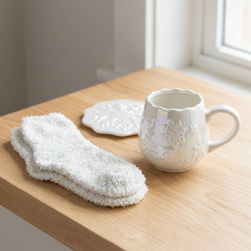 Christmas Gift Set Cosy Fluffy Socks, Snowflake Mug And Coaster
