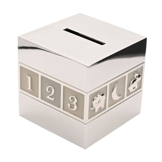 Gift For Baby & Child Silver Plated ABC/123 Cube Money Box