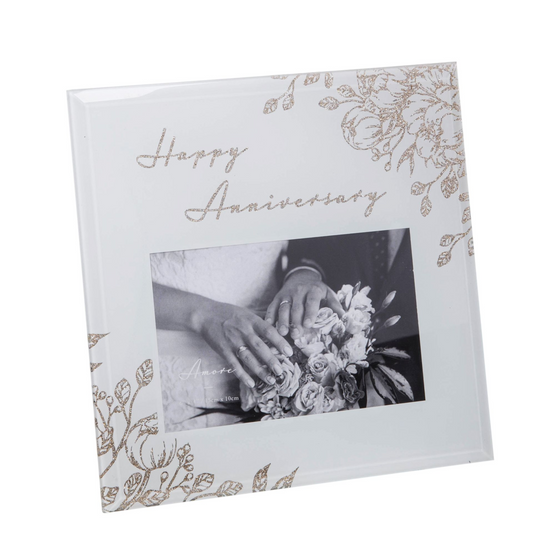 Happy Anniversary White Glass Gold Photo Frame 6" x 4"