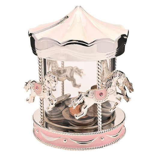 Baby Girl Gift Silver Plated Money Box Carousel - pink