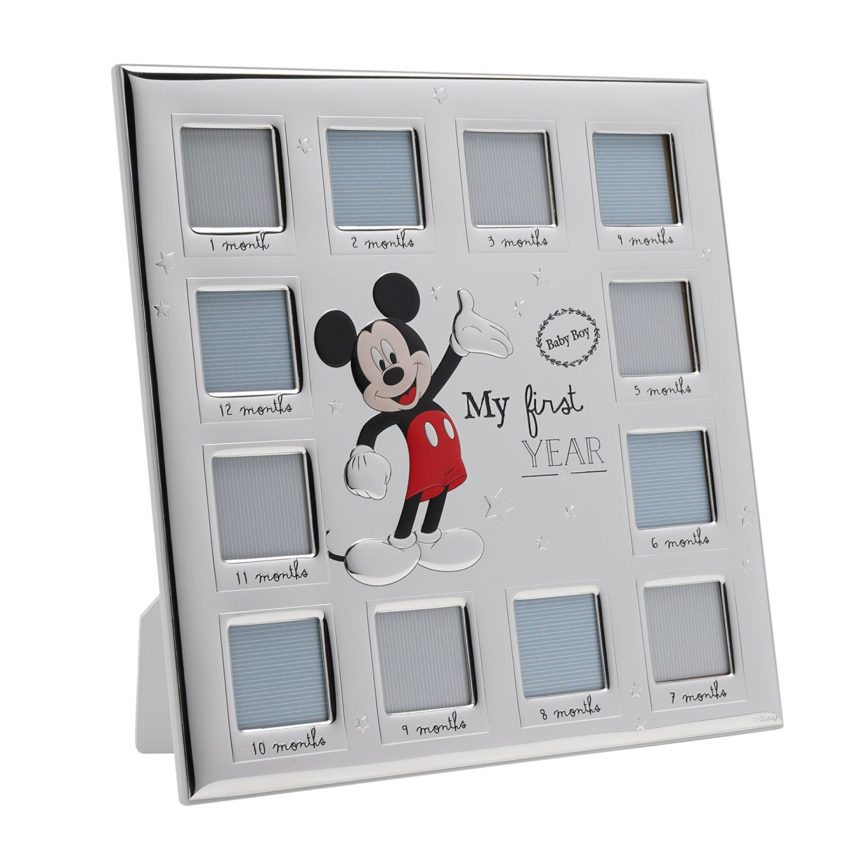 Disney Mickey Mouse 12 Month Multi Aperture Real 999 Silver Plate Frame With White Wooden Back