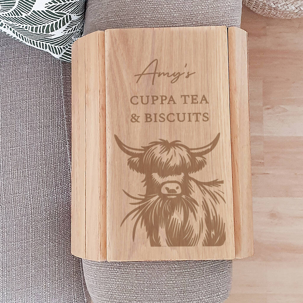 Personalised Highland Cow Wooden Sofa Tray Gift