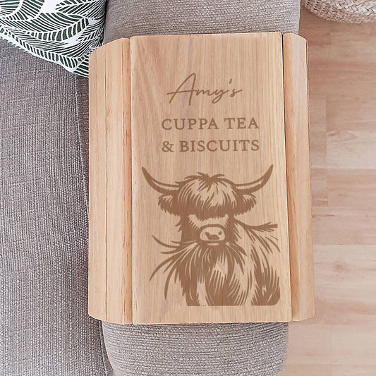 Personalised Highland Cow Wooden Sofa Tray Gift