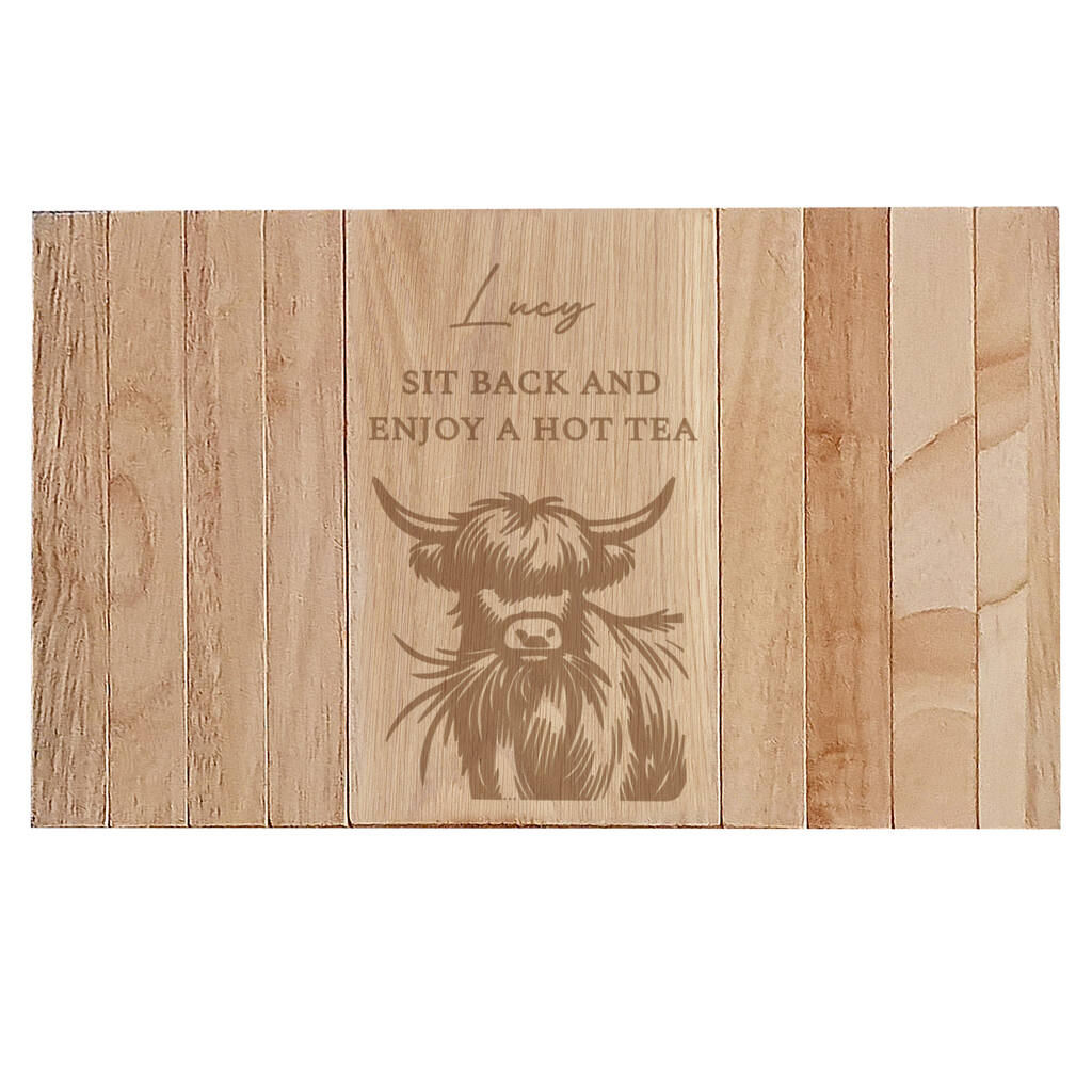 Personalised Highland Cow Wooden Sofa Tray Gift