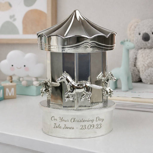 Personalised Money Box Silver Carousel Christening Gift For Children