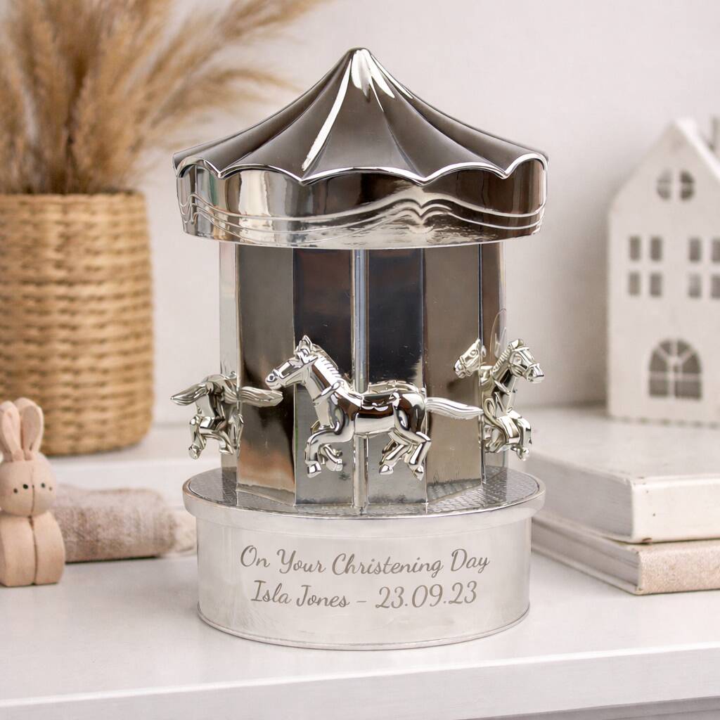 Personalised Money Box Silver Carousel Christening Gift For Children