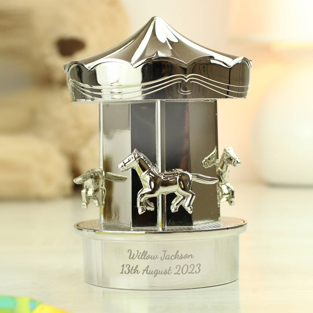 Personalised Money Box Silver Carousel Christening Gift For Children
