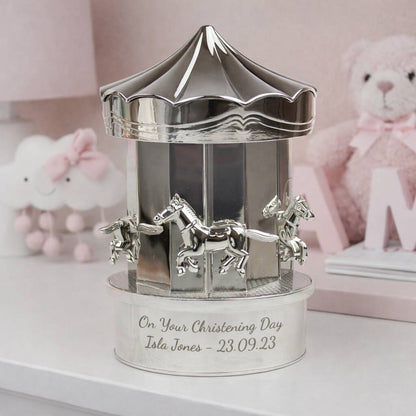 Personalised Money Box Silver Carousel Christening Gift For Children