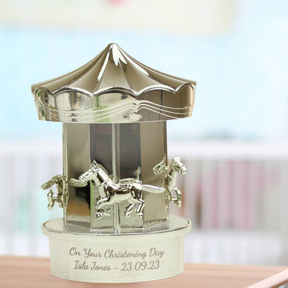 Personalised Money Box Silver Carousel Christening Gift For Children