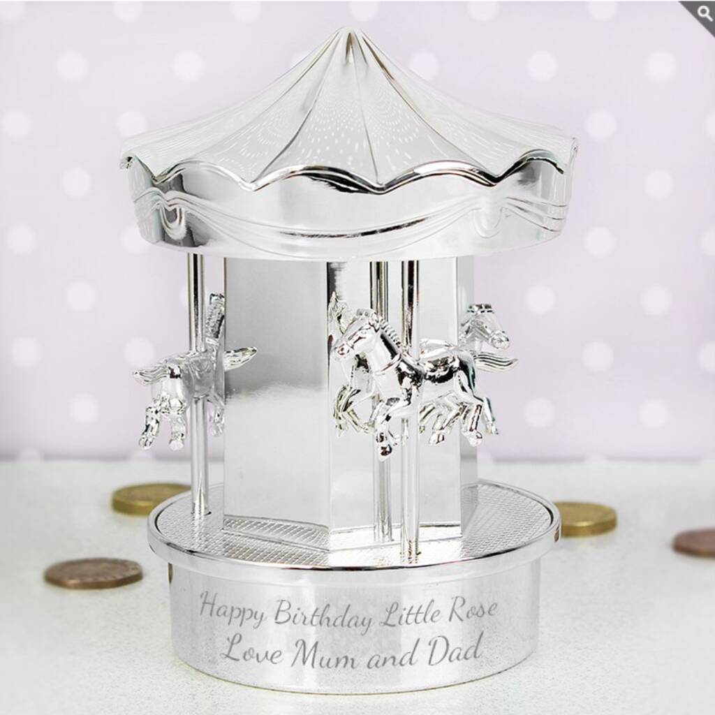 Personalised Money Box Silver Carousel Christening Gift For Children