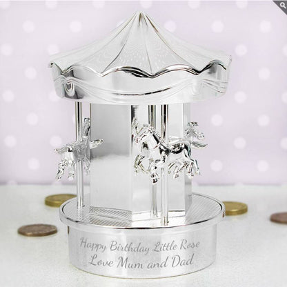 Personalised Money Box Silver Carousel Christening Gift For Children