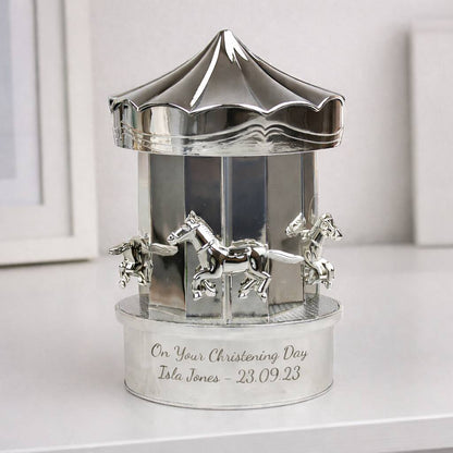 Personalised Money Box Silver Carousel Christening Gift For Children