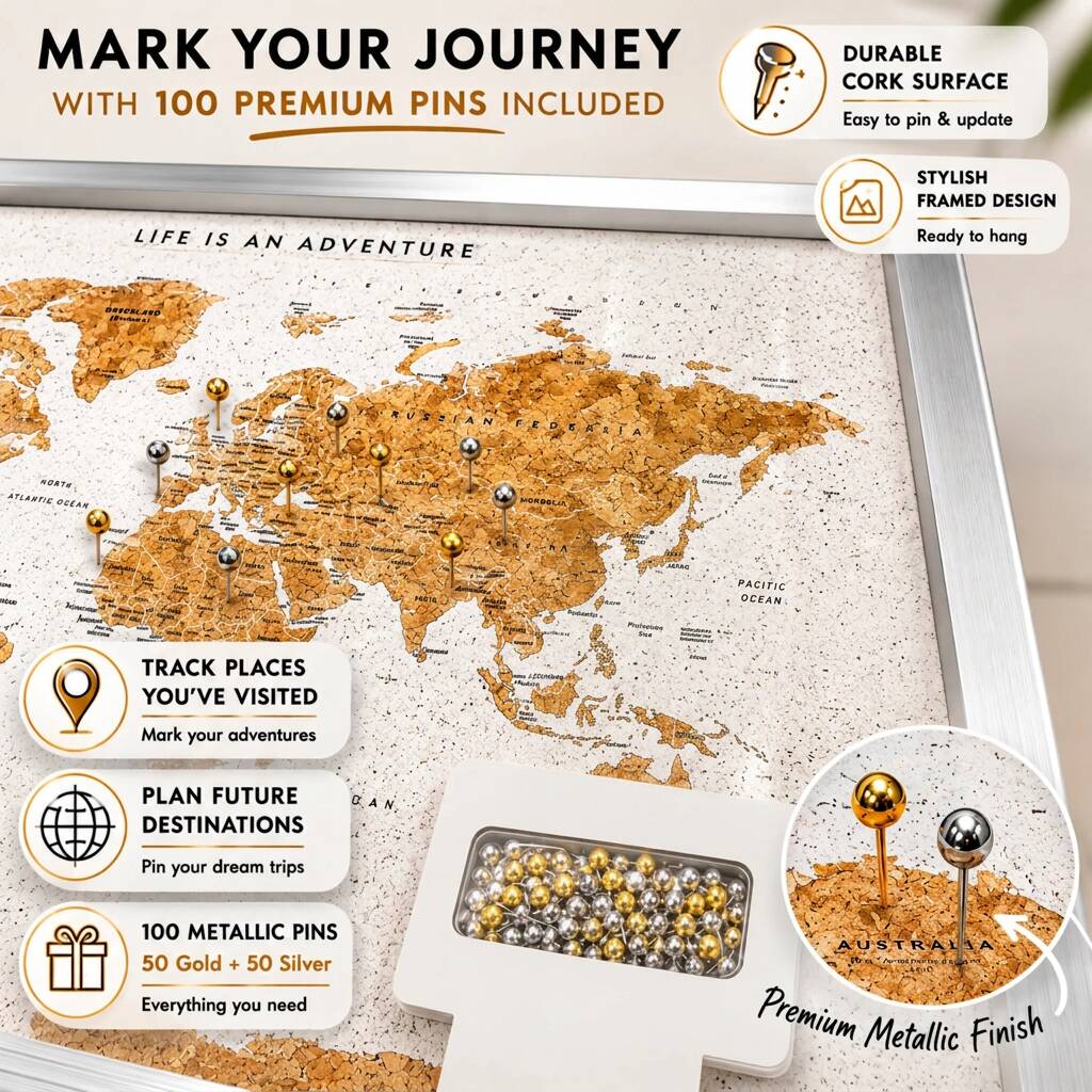 Travel Gifts World Map Cork Board With Pins