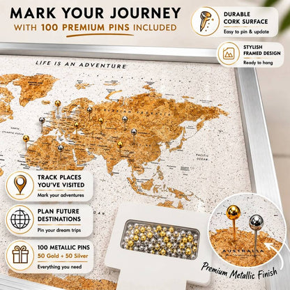 Travel Gifts World Map Cork Board With Pins