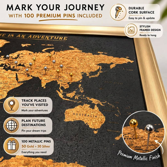 World Travel Map With Pins Cork Board Traveller Gifts